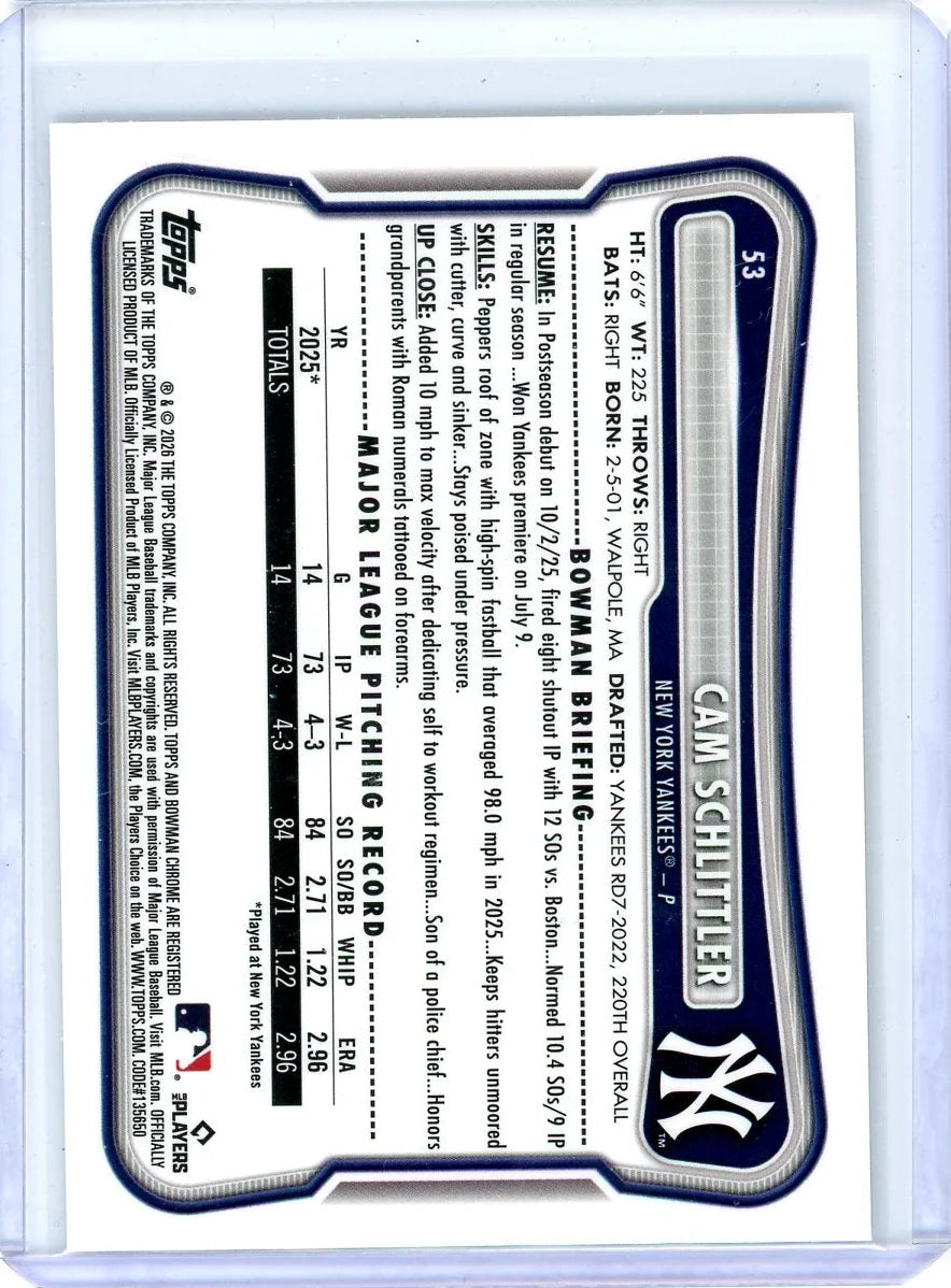 Cam Schlittler 2026 Bowman Chrome Red Rookie Shield Refractor