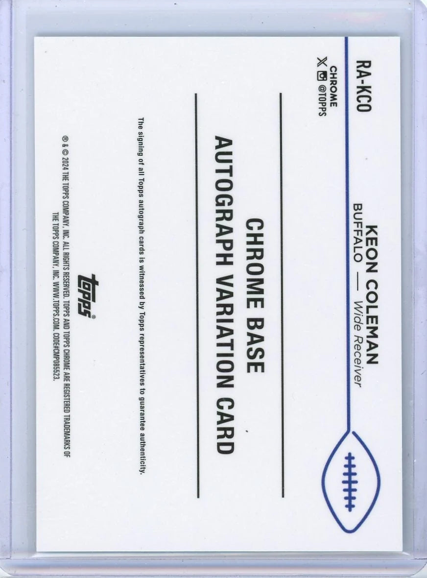 Keon Coleman 2024 Topps Chrome Autograph RC Aqua Sonar #'d 002/119