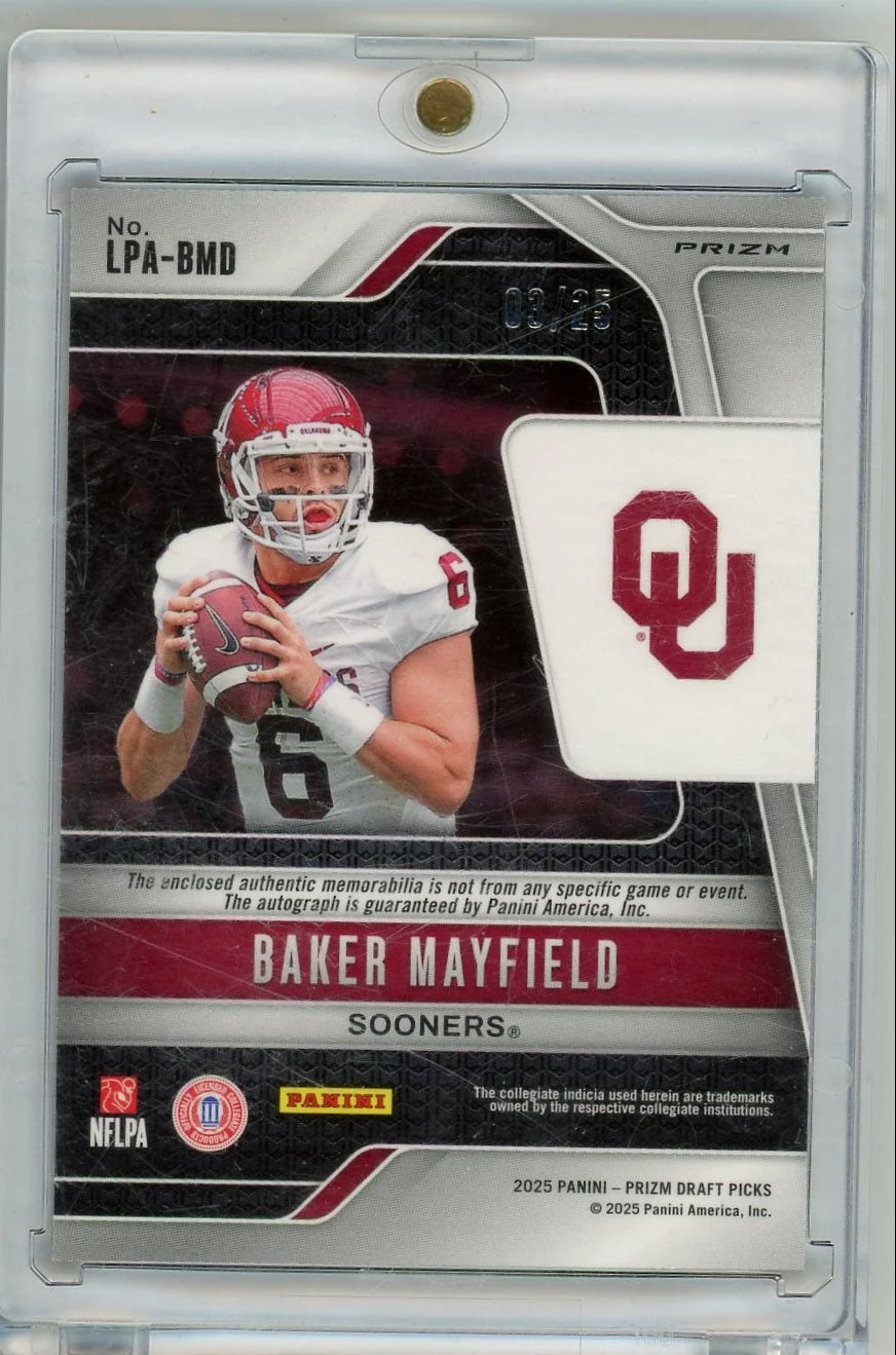 Baker Mayfield 2025 Panini Prizm Draft Picks autograph relic tie-dye prizm #'d 03/25