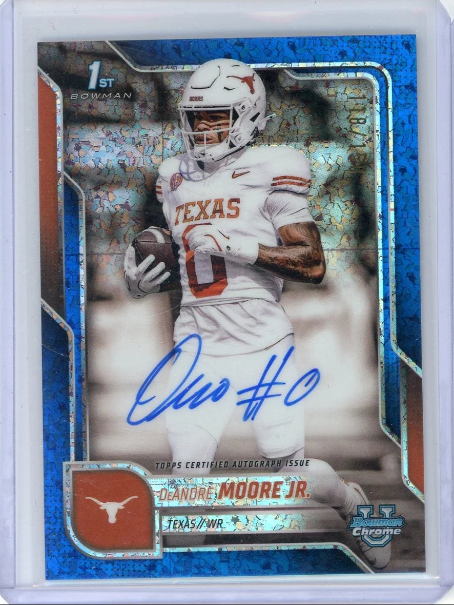 DeAndre Moore Jr. 2025 1st Bowman Chrome autograph blue mini diamond ref. #'d 118/150