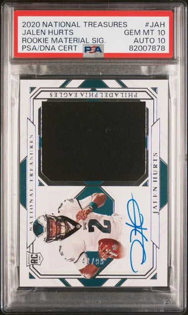 Jalen Hurts 2020 Panini National Treasures Rookie Material Signatures RPA #'d 42/99 PSA 10 Auto 10