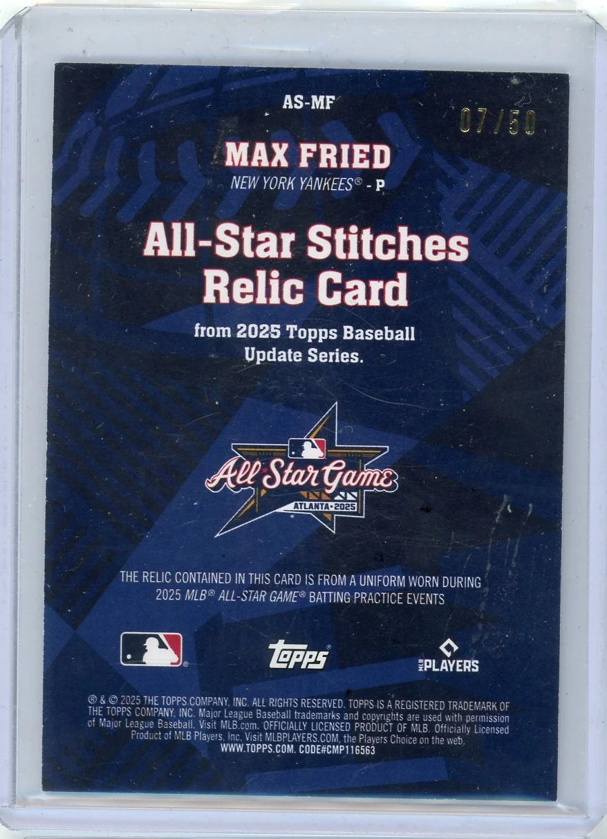 Max Fried 2025 Topps Update All-Star Stitches Gold #'d 07/50