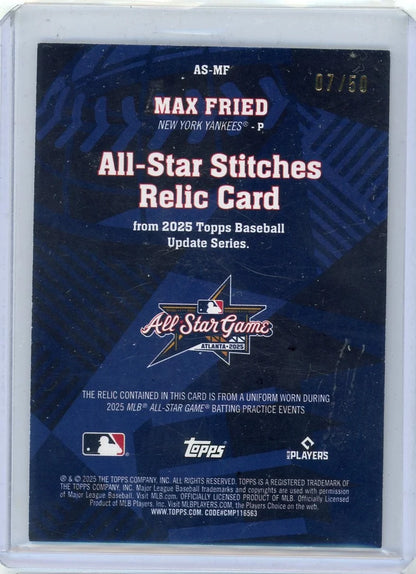 Max Fried 2025 Topps Update All-Star Stitches Gold #'d 07/50