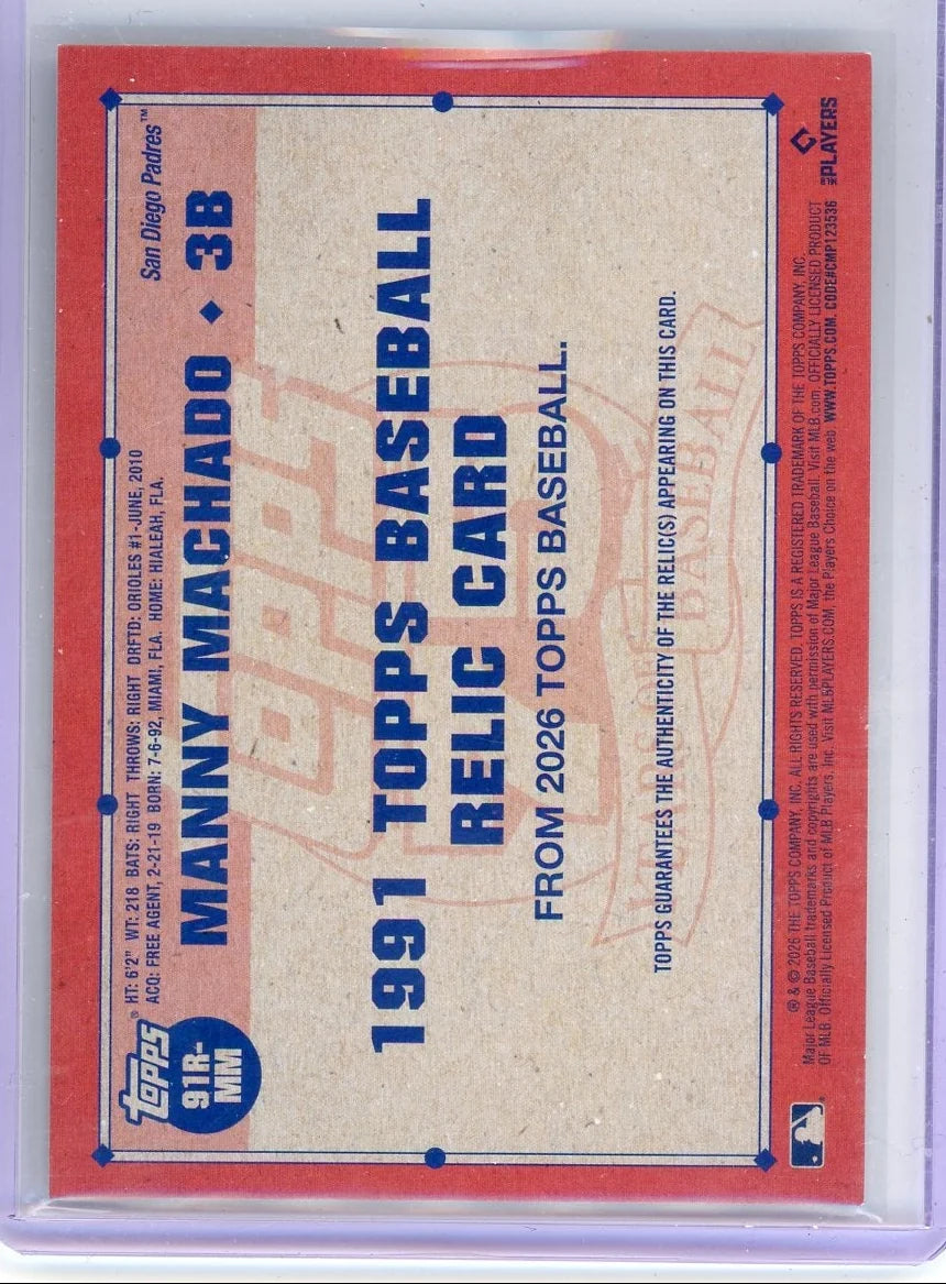 Manny Machado 2026 Topps Series 1 Game Used Bat Patch #'d 38/50