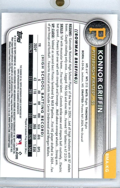 Konnor Griffin 2025 Bowman Chrome Blue Mojo Autograph #'d 140/150