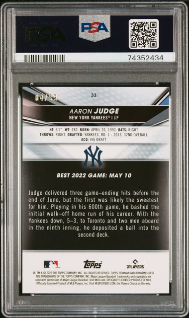 Aaron Judge 2022 Bowman's Best Green Mini Diamond Refractor #'d 04/99 PSA 9