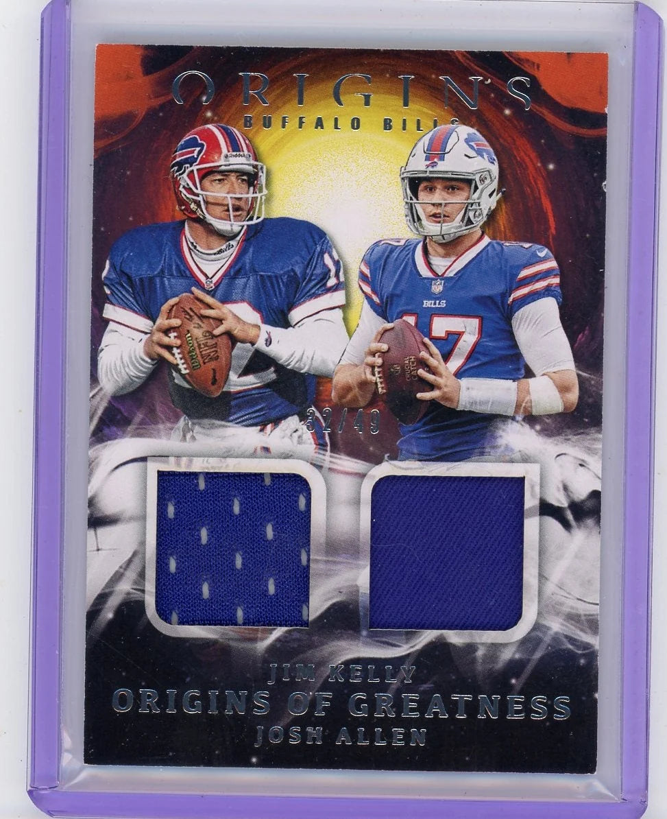Jim Kelly Josh Allen 2019 Panini Origins of Greatness dual relic #'d 32/49