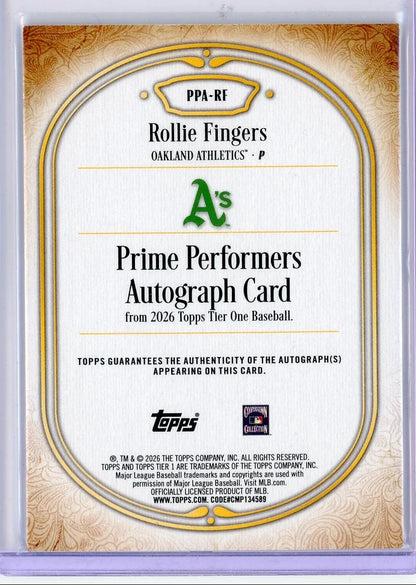Rollie Fingers 2026 Topps Tier One Prime Performers Auto #PPA-RF #'d /49