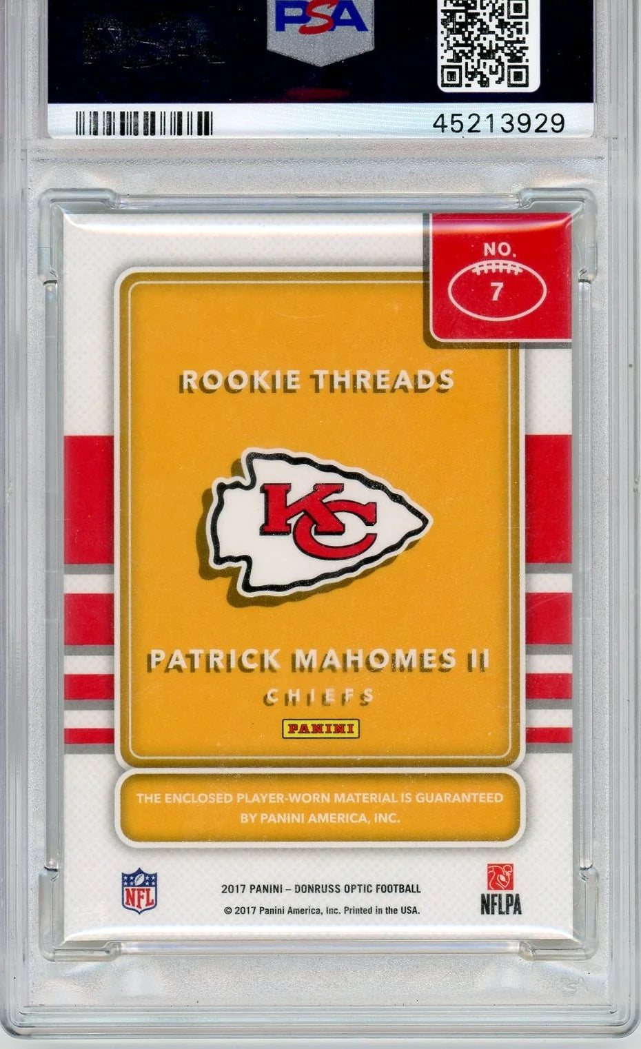Patrick Mahomes 2017 Panini Donruss Optic Rookie Threads PSA 10