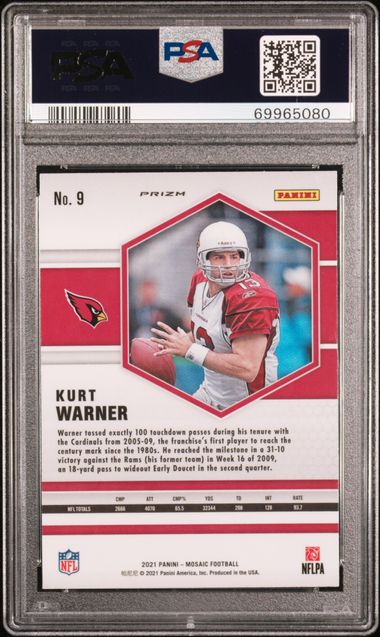 Kurt Warner 2021 Panini Mosaic Peacock Choice PSA 9