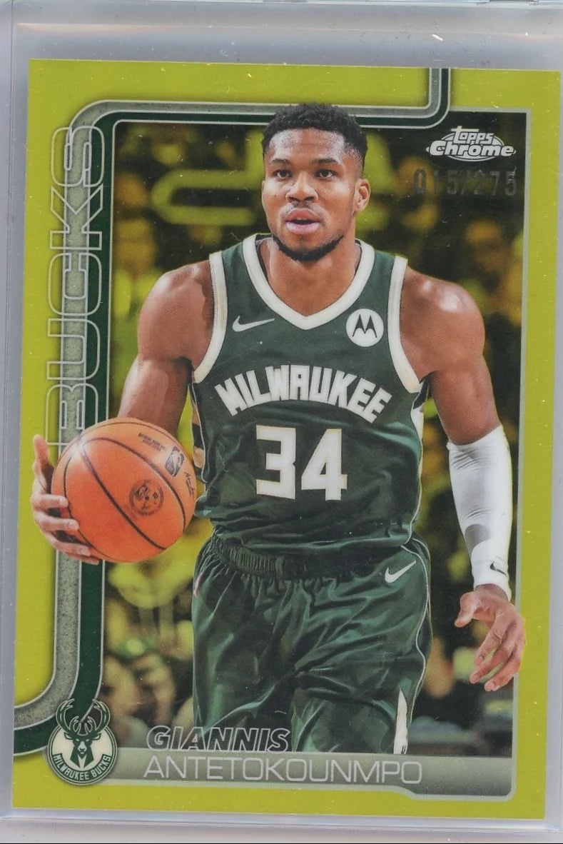Giannis Antetokounmpo 2025 Topps Chrome Yellow Refractor #'d 015/275