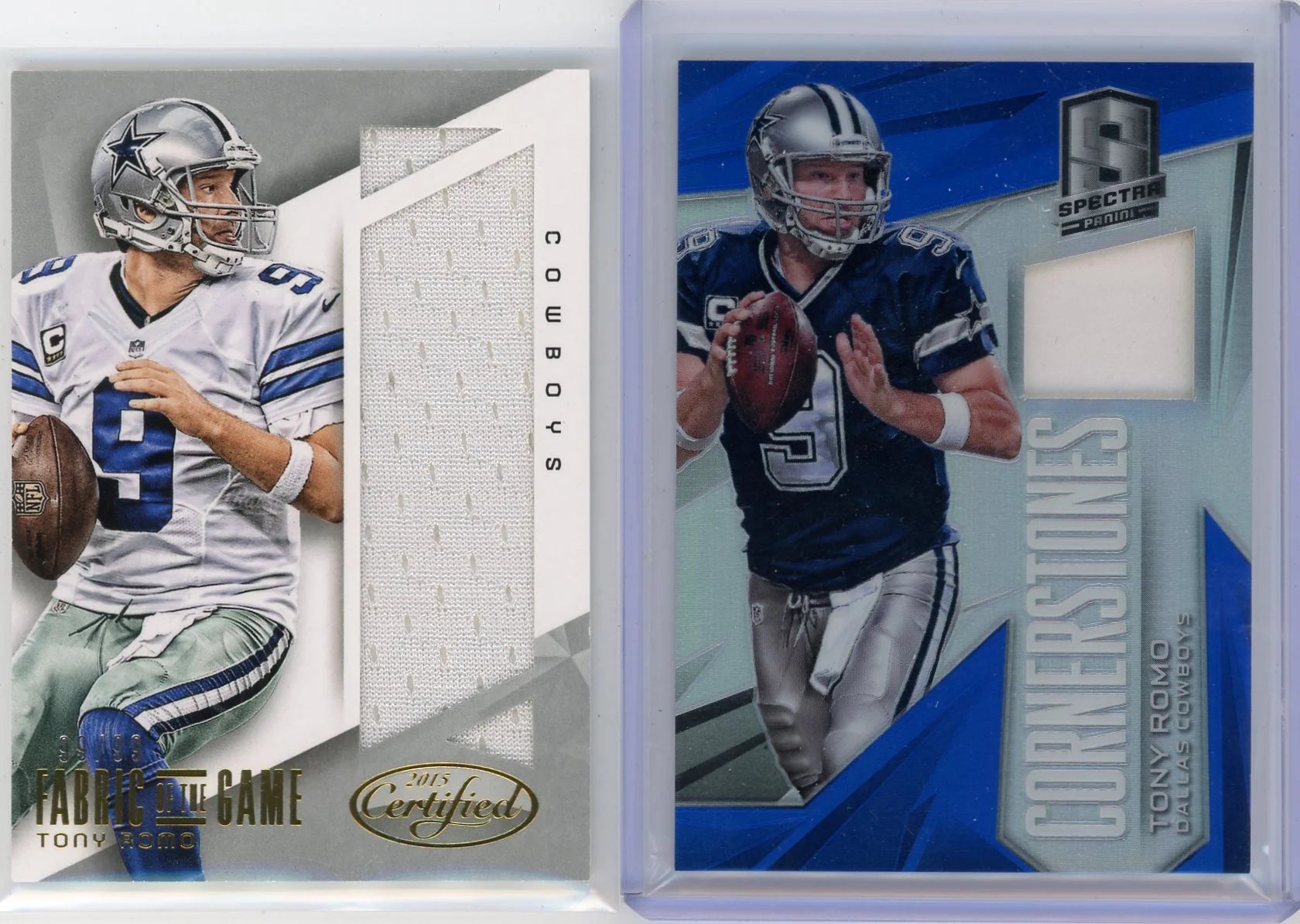 Tony Romo 2014 Spectra relic /49 + 2015 Certified relic /99 2-card lot