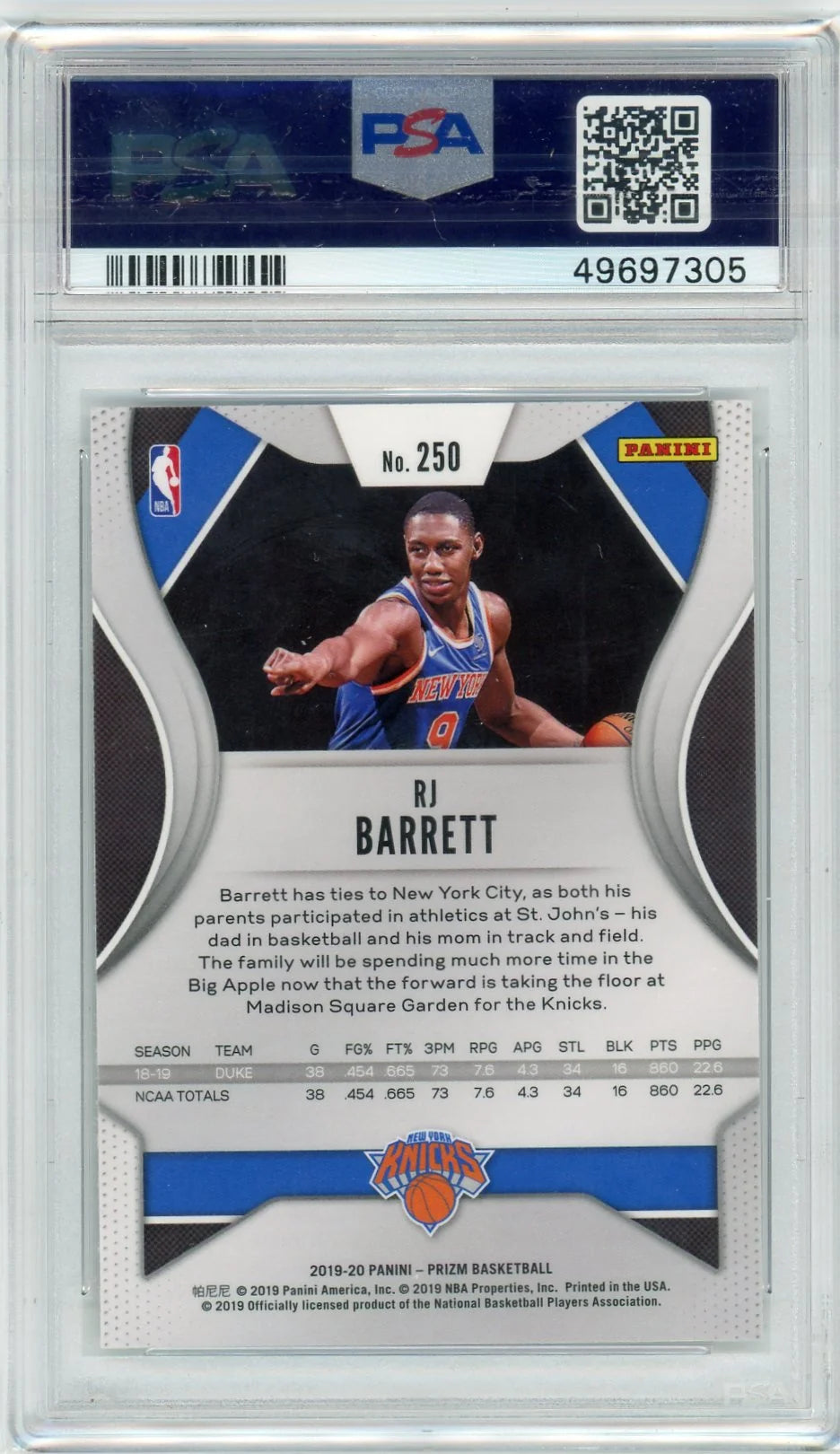 RJ Barrett 2019 Panini Prizm Rookie Card PSA 10