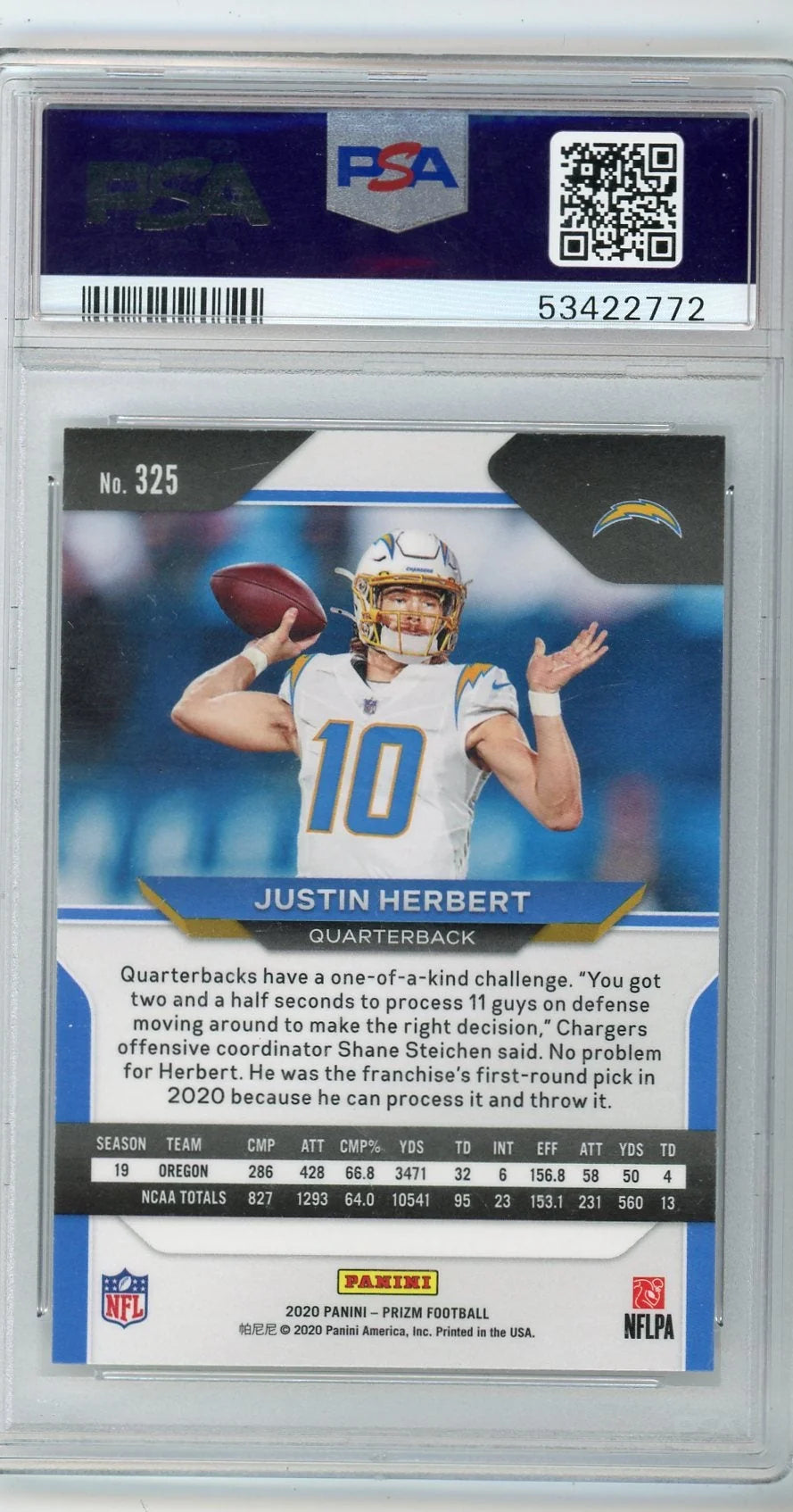 Justin Herbert 2020 Panini Prizm rookie card PSA 10