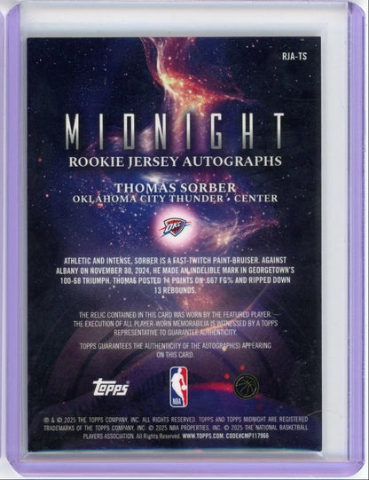 Thomas Sorber 2025 Topps Midnight Rookie Jersey Autograph #'d 108/199