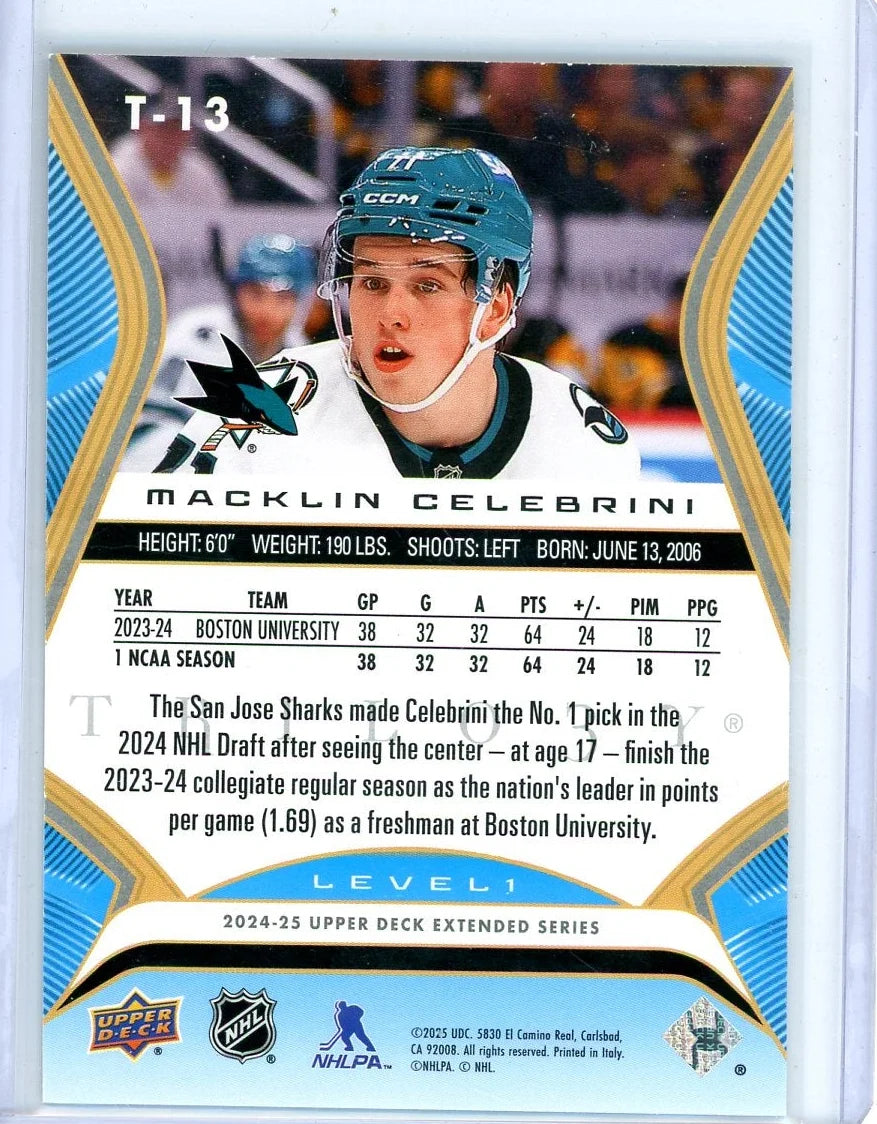 Macklin Celebrini 2024-25 Upper Deck Trilogy Premieres RC #'d 799/999