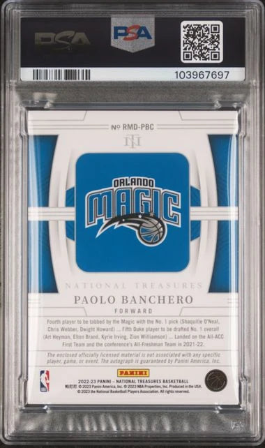 Paolo Banchero 2022 Panini National Treasures Rookie Materials dual relic auto rc #'d 26/99 PSA Authentic AUTO 10