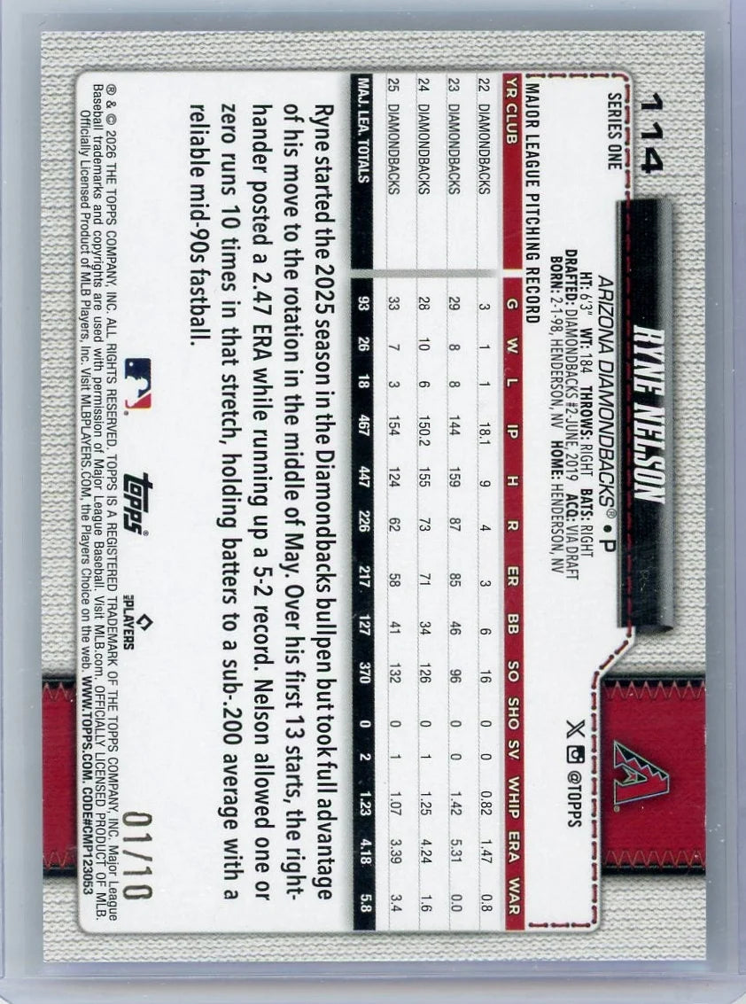 Ryne Nelson 2025 Topps Series 1 Black Diamonds #'d 1/10