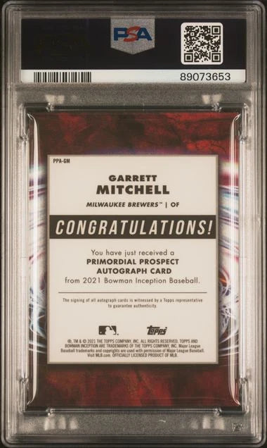 Garrett Mitchell 2021 Bowman Inception Autograph Gold #'d 50/50 PSA 9
