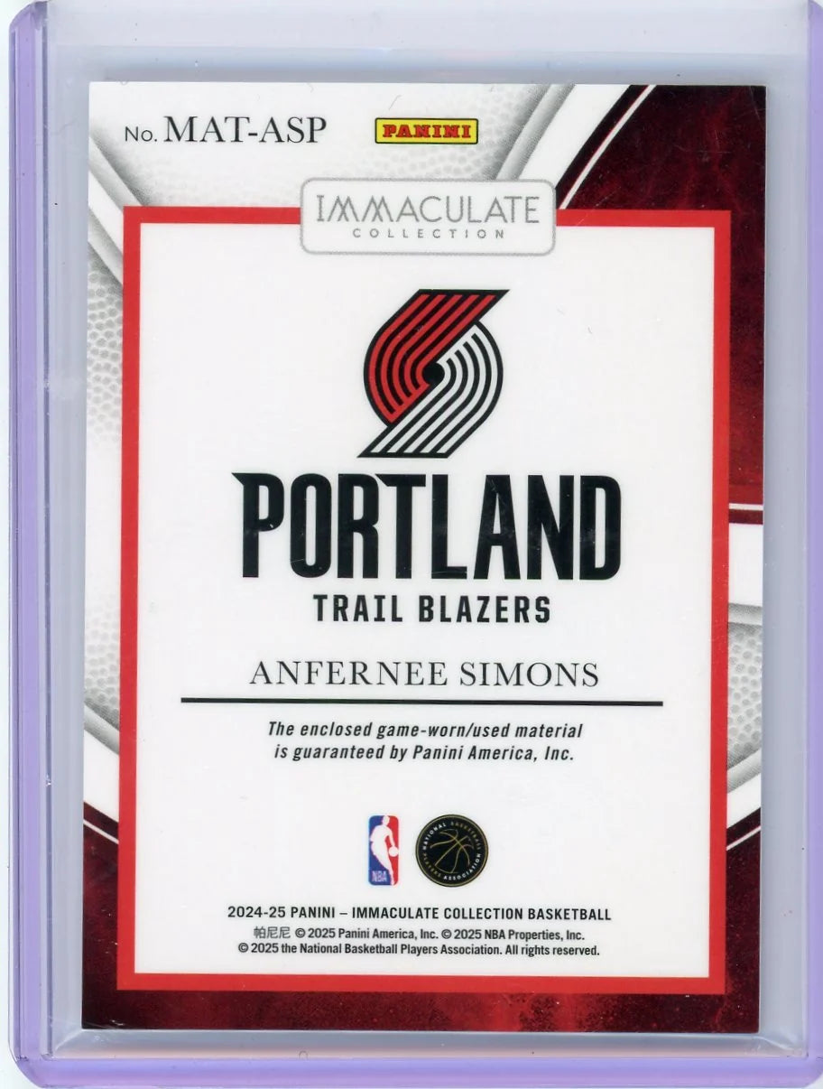 Anfernee Simons 2024-25 Panini Immaculate Collection Materials Jersey Relic #'d 02/49