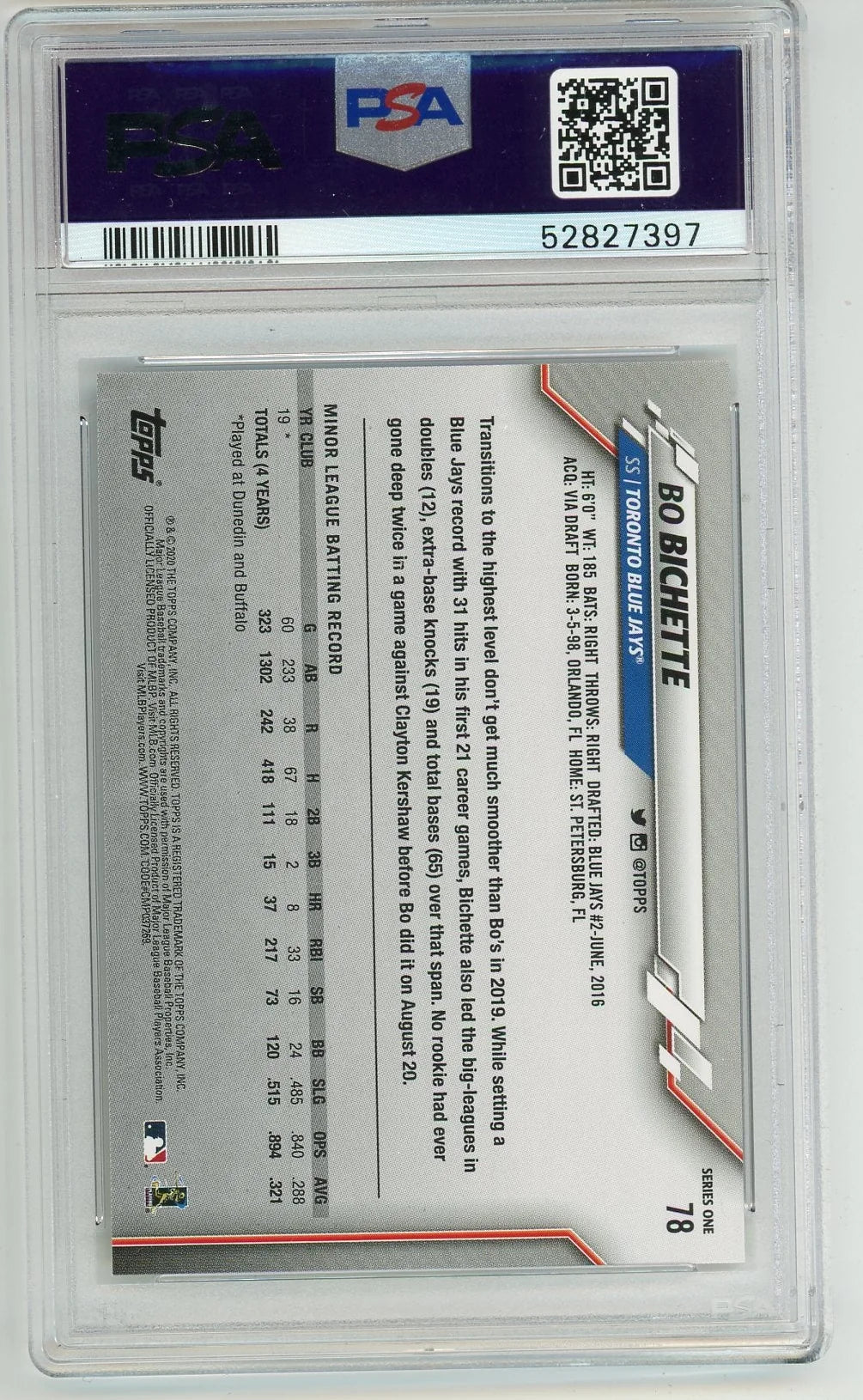 Bo Bichette 2020 Topps Rookie Card #78 PSA 10