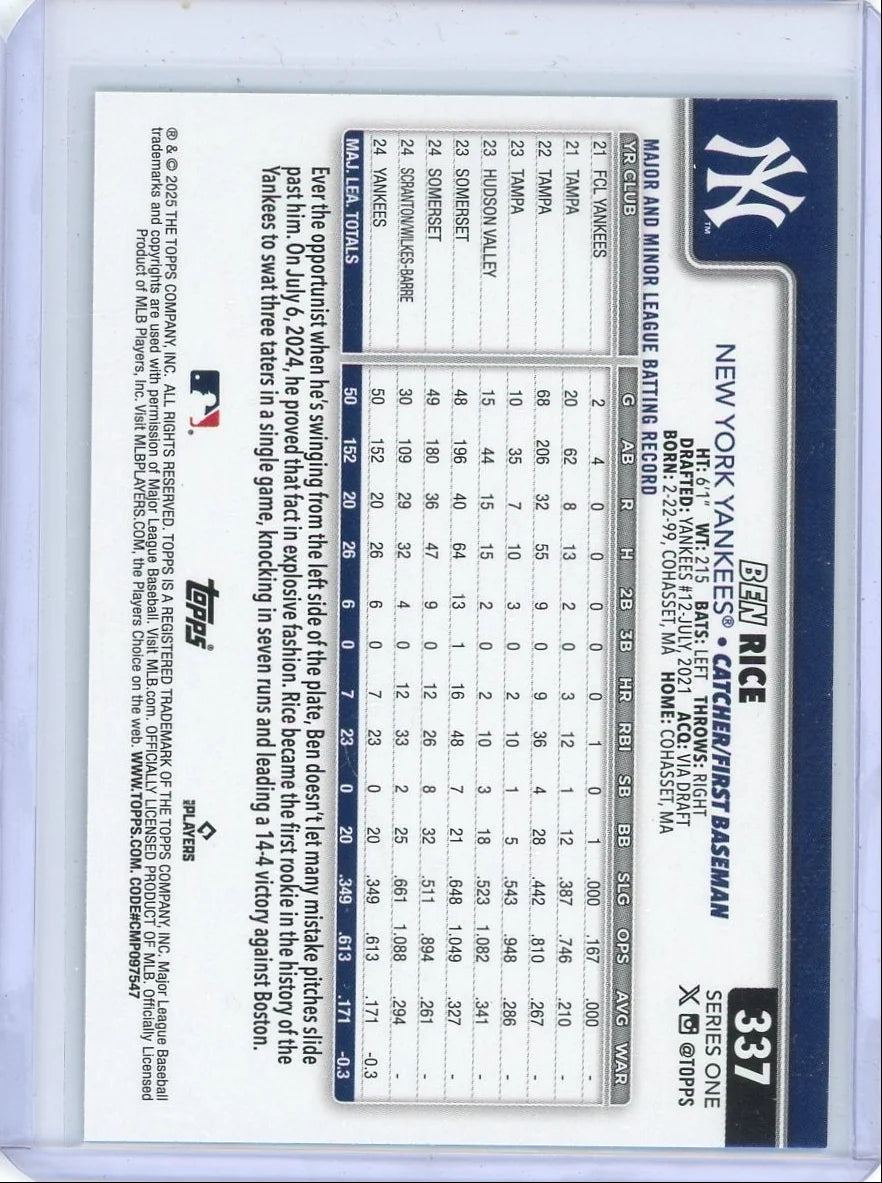 Ben Rice 2025 Topps Series 1 speckle rookie card