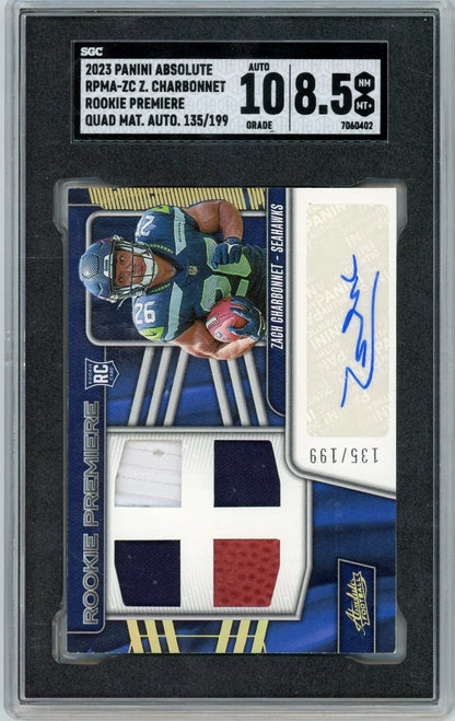Zach Charbonnet 2023 Panini Absolute Rookie Premier Quad Materials Auto RC #'d 135/199 SGC 8.5 Auto 10