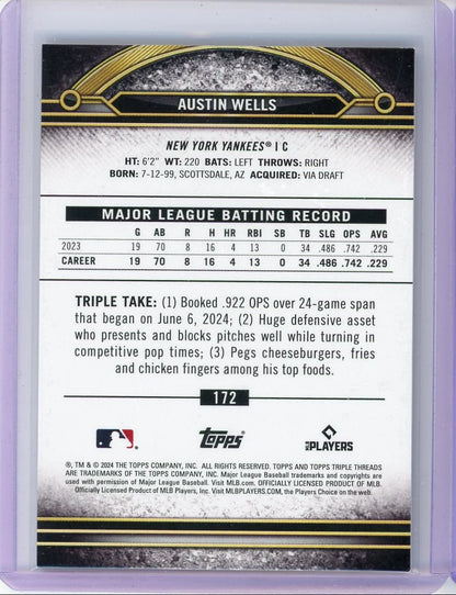Austin Wells 2024 Topps Triple Threads gold rookie card #'d 12/99