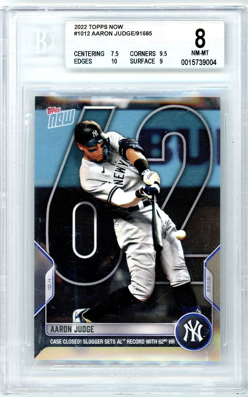 Aaron Judge 2022 Topps NOW AL Record 62 HRs #1012 BGS 8