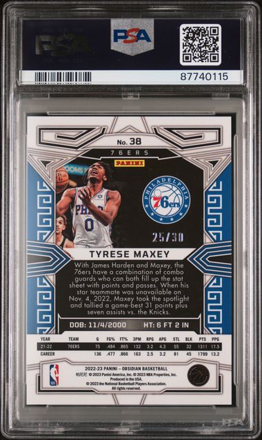 Tyrese Maxey 2022 Panini Obsidian Electric Etch Blue #'d 25/30PSA 9