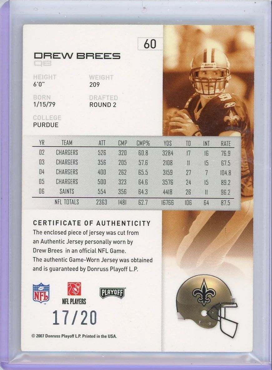 Drew Brees 2007 Donruss Playoffs Relic #'d 17/20