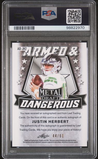 Justin Herbert 2020 Leaf Metal Draft Armed & Dangerous Silver Prismatic Autograph #'d 44/60 PSA 9