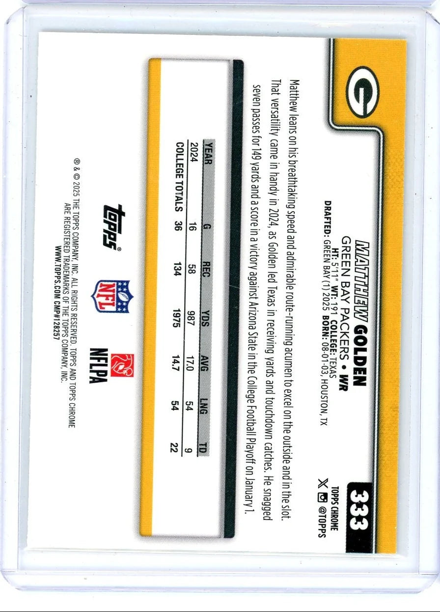Matthew Golden 2025 Topps Chrome yellow wave ref. rookie card #'d 019/275