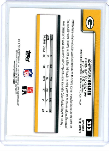 Matthew Golden 2025 Topps Chrome yellow wave ref. rookie card #'d 019/275