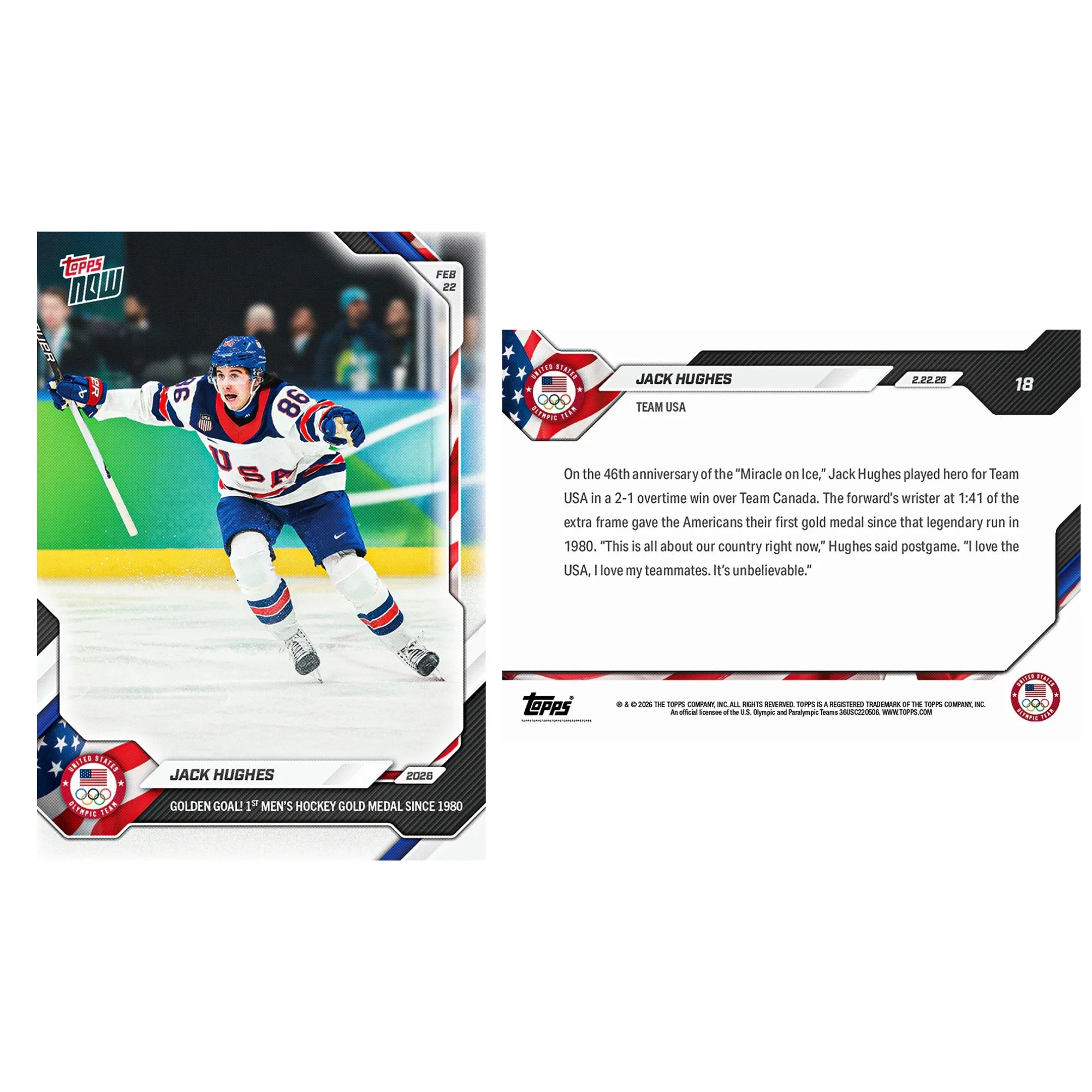 Jack Hughes 2026 Olympics Topps NOW #18