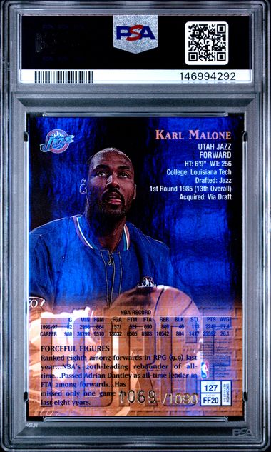 Karl Malone 1997 Topps Finest Refractor W/ Coating #'d 1069/1090 PSA 8