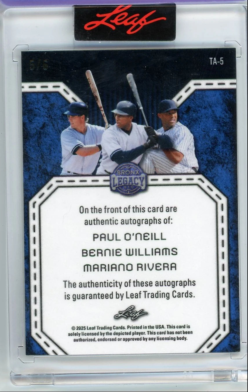 P. O'Neil,  B. Williams, M. Rivera 2025 Leaf Bronx Legacy Autograph #'d 5/6