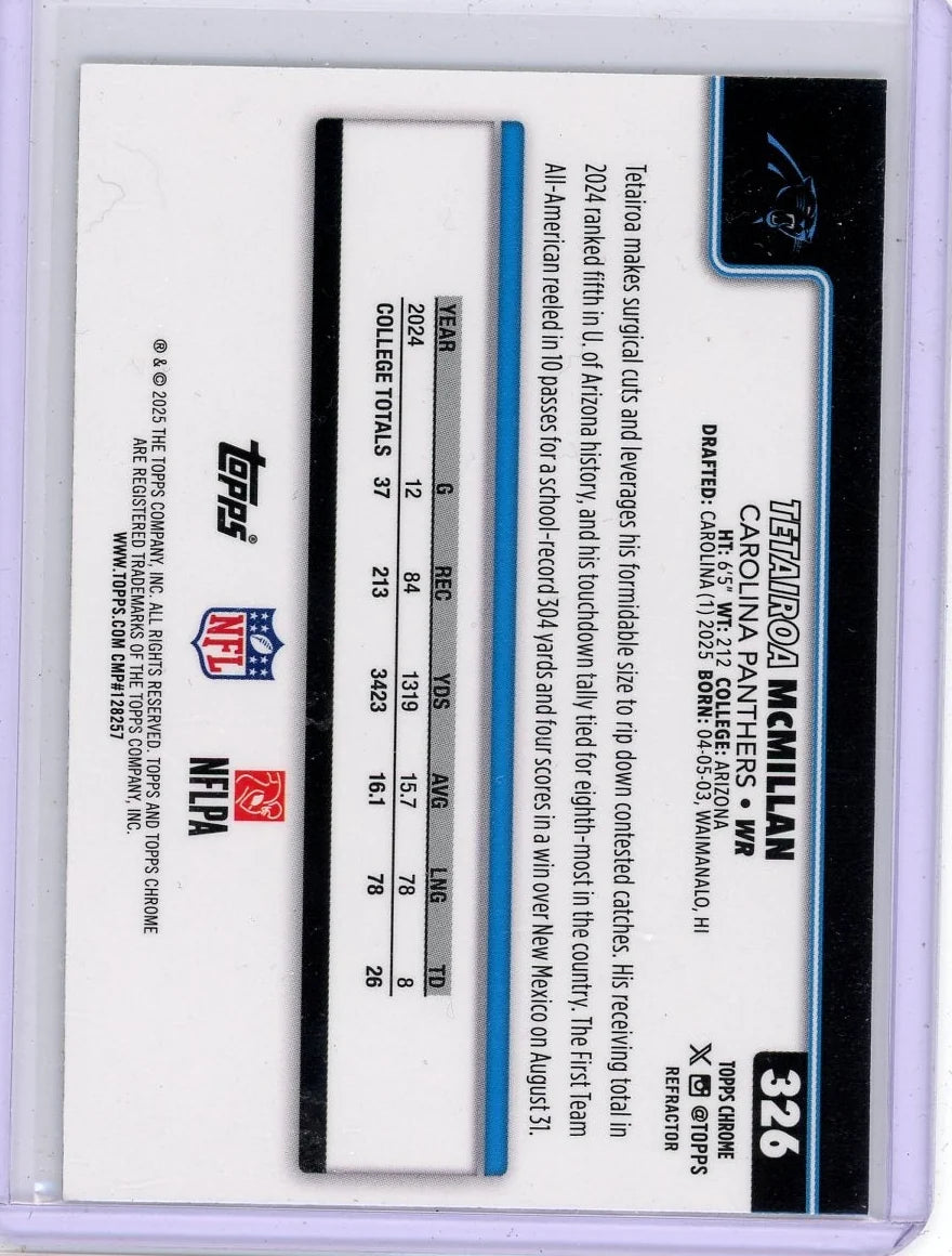 Tetairoa McMillan 2025 Topps Chrome Refractor RC
