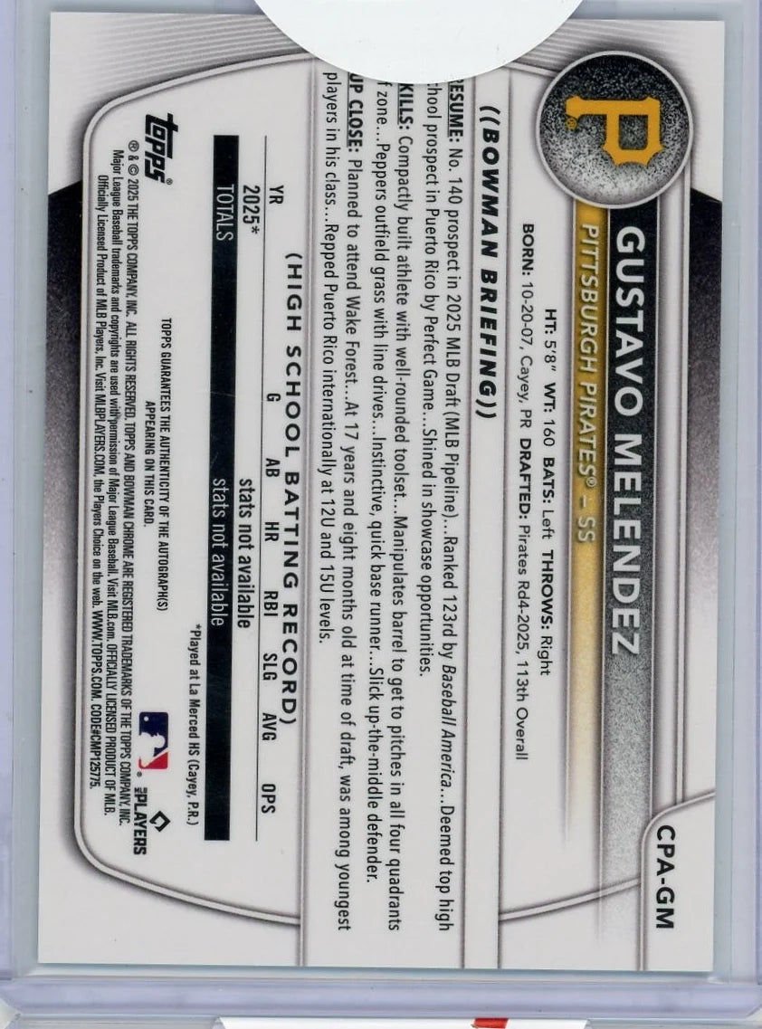 Gustavo Melendez 1st Bowman Chrome Aqua Lava Refractor Autograph #'d 013/199