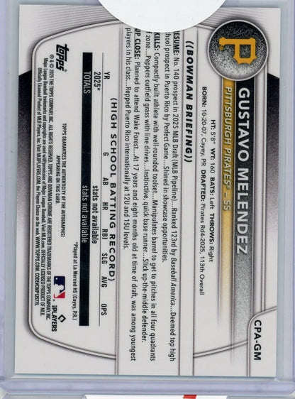 Gustavo Melendez 1st Bowman Chrome Aqua Lava Refractor Autograph #'d 013/199