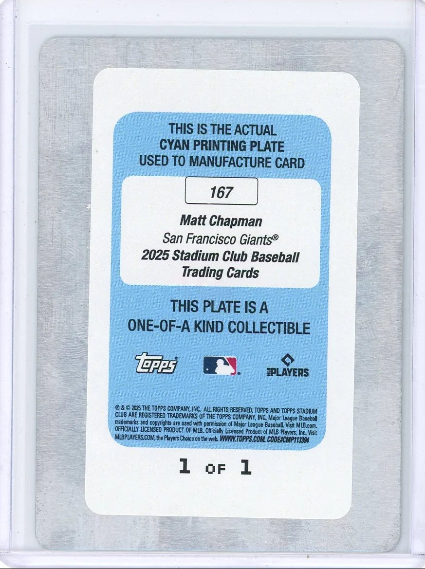 Matt Chapman 2025 Topps Stadium Club Cyan Printing Plate 1/1