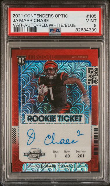Ja'Marr Chase 2021 Panini Contenders Optic Variation autograph RWB rc #'d 09/13 PSA 9
