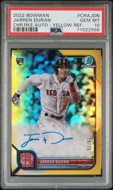 Jarren Duran 2022 Bowman Chrome autograph yellow ref. RC #'d 19/75 PSA 10