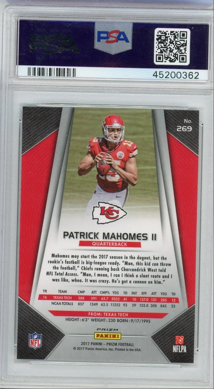Patrick Mahomes 2017 Panini Prizm Silver RC PSA 9