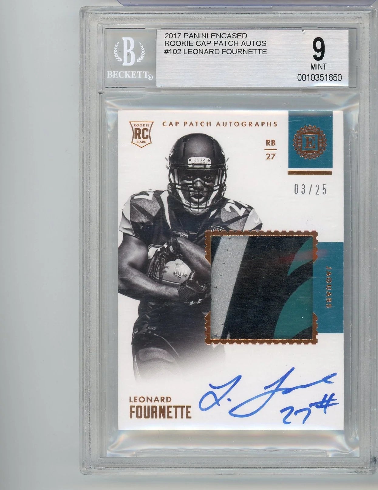 Leonard Fournette 2017 Panini Encased Rookie Cap Patch Auto #'d 03/25 BGS 9 AUTO 10
