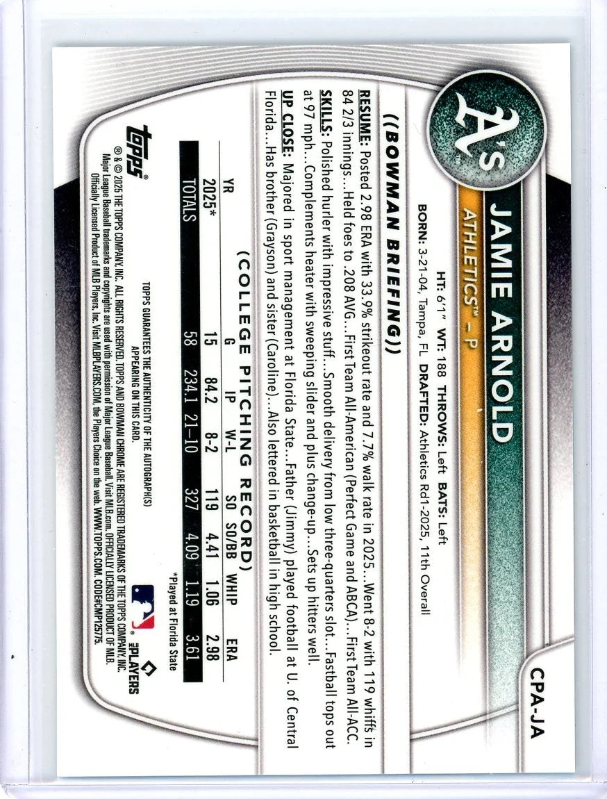 Jamie Arnold 2025 Bowman Draft 1st Bowman Aqua Lava Autograph #'d 131/199