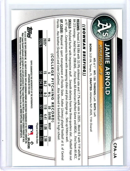 Jamie Arnold 2025 Bowman Draft 1st Bowman Aqua Lava Autograph #'d 131/199