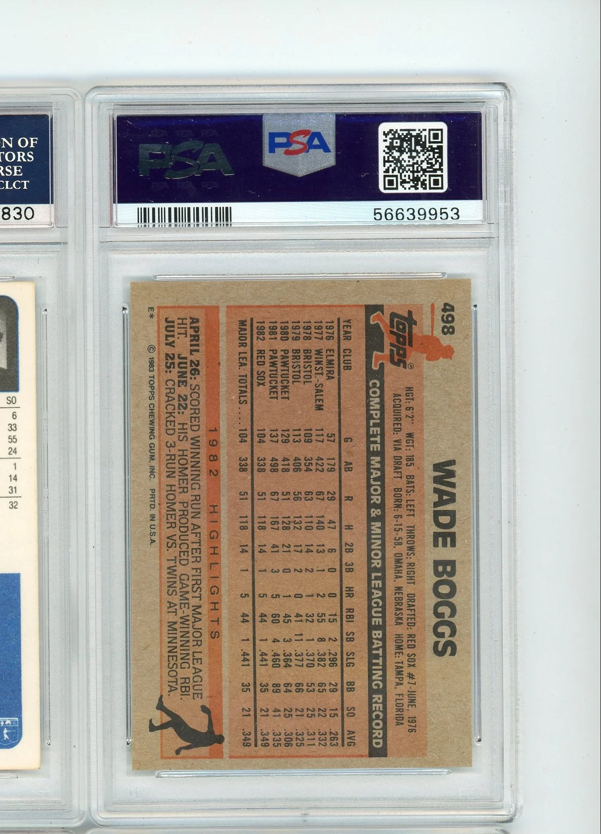 Wade Boggs 1983 Topps rookie card #498 PSA 7