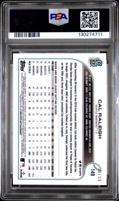 Cal Raleigh 2022 Ben Baller Chrome Green Refractor RC #'d 30/99 PSA 10