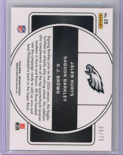 J Hurts S Barkley AJ Brown 2024 Panini Obsidian Nucleus red #'d 09/75